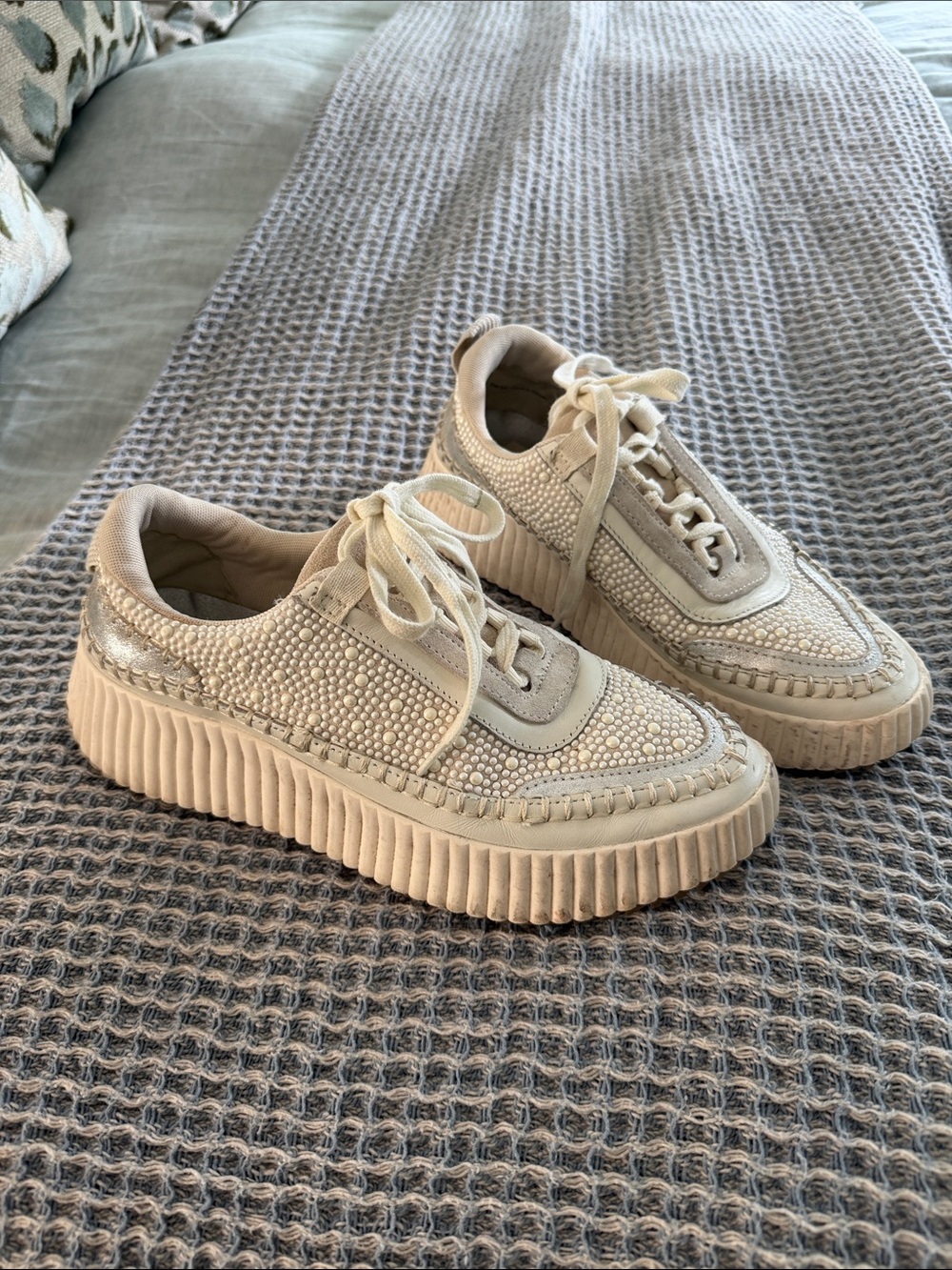 Dolce Vita Pearl Beige Embellished Platform Sneakers